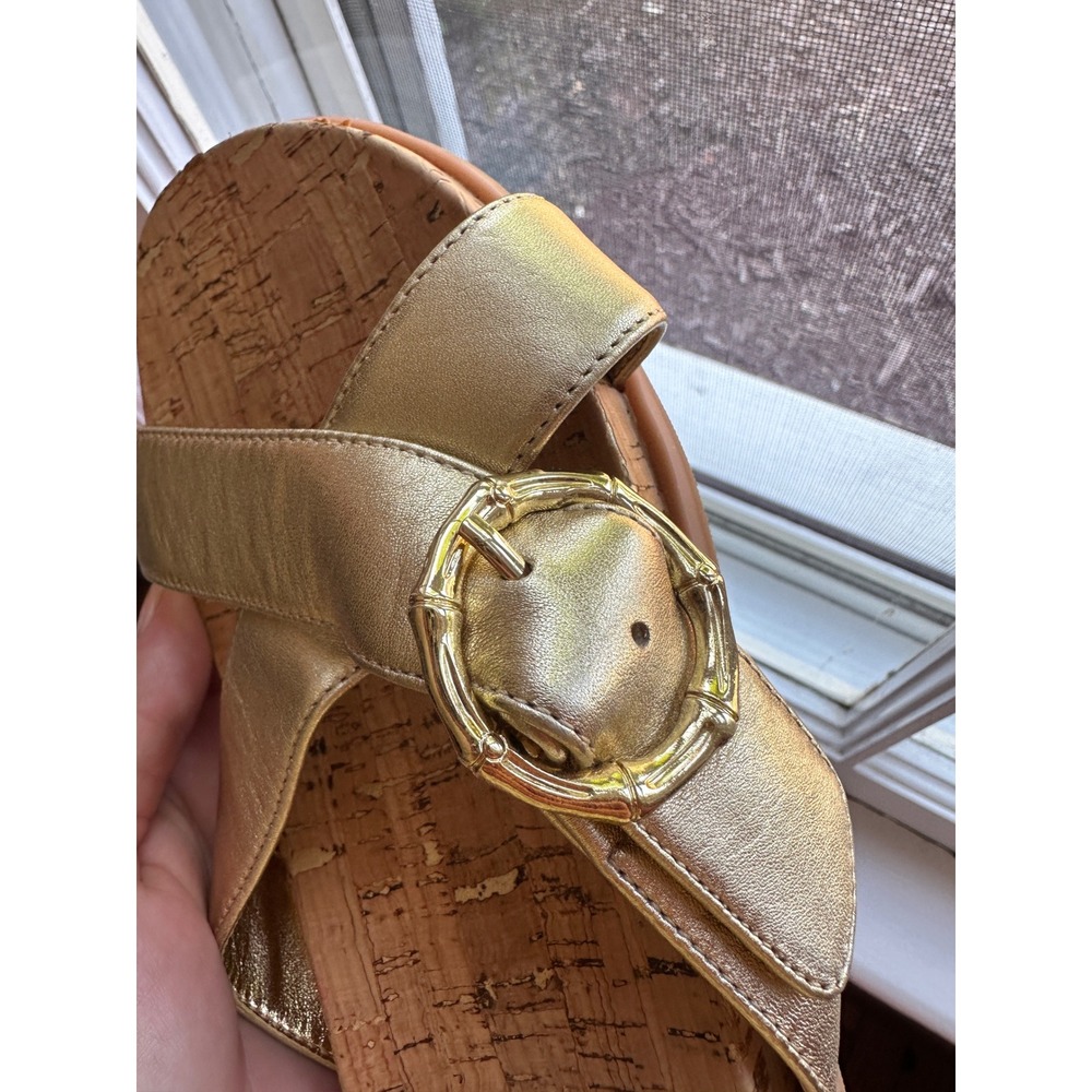 Lilly Pulitzer Bayshore Sandals Gold Metallic Leather Cork Slides Women's Size 9 - Picture 4 of 6